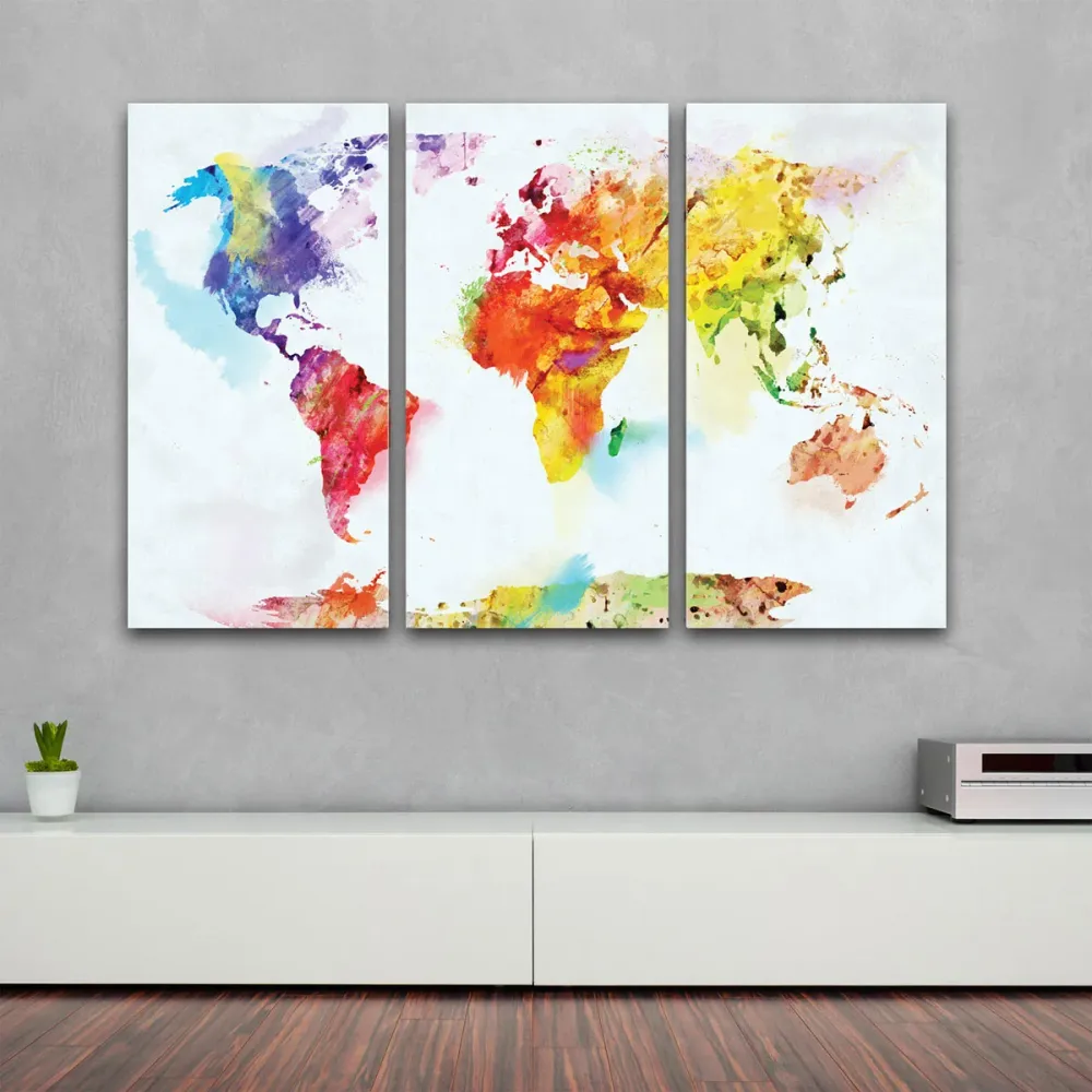 Kunstdruck - 3-teilige Leinwand - Weltkarte Aquarell