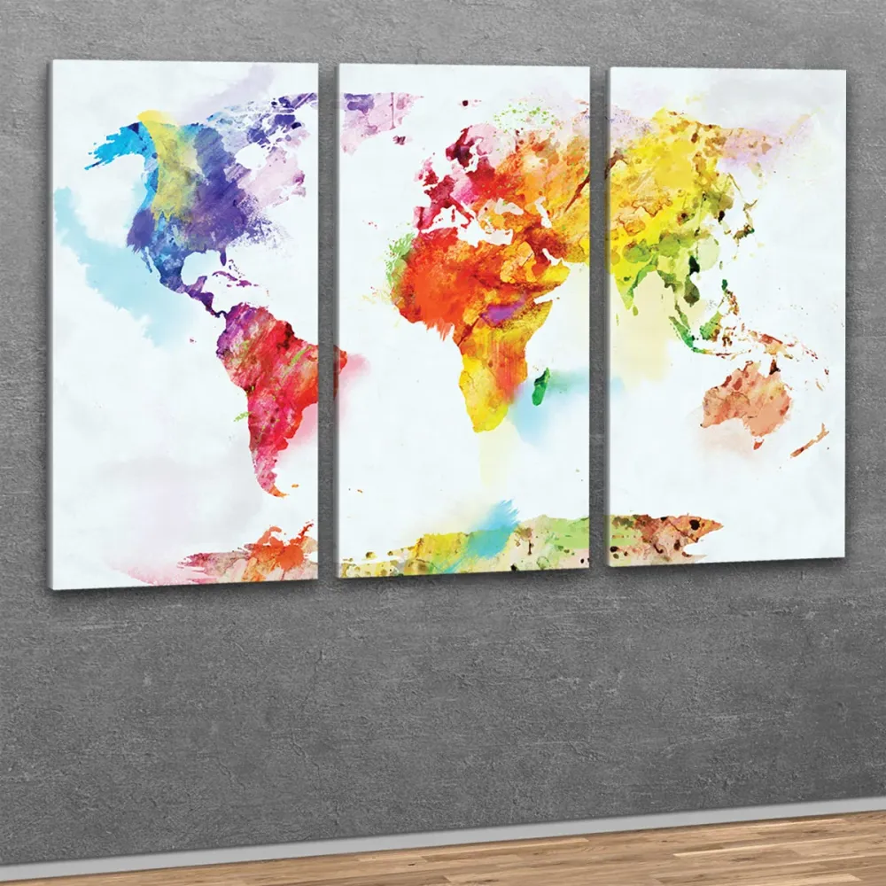 Kunstdruck - 3-teilige Leinwand - Weltkarte Aquarell