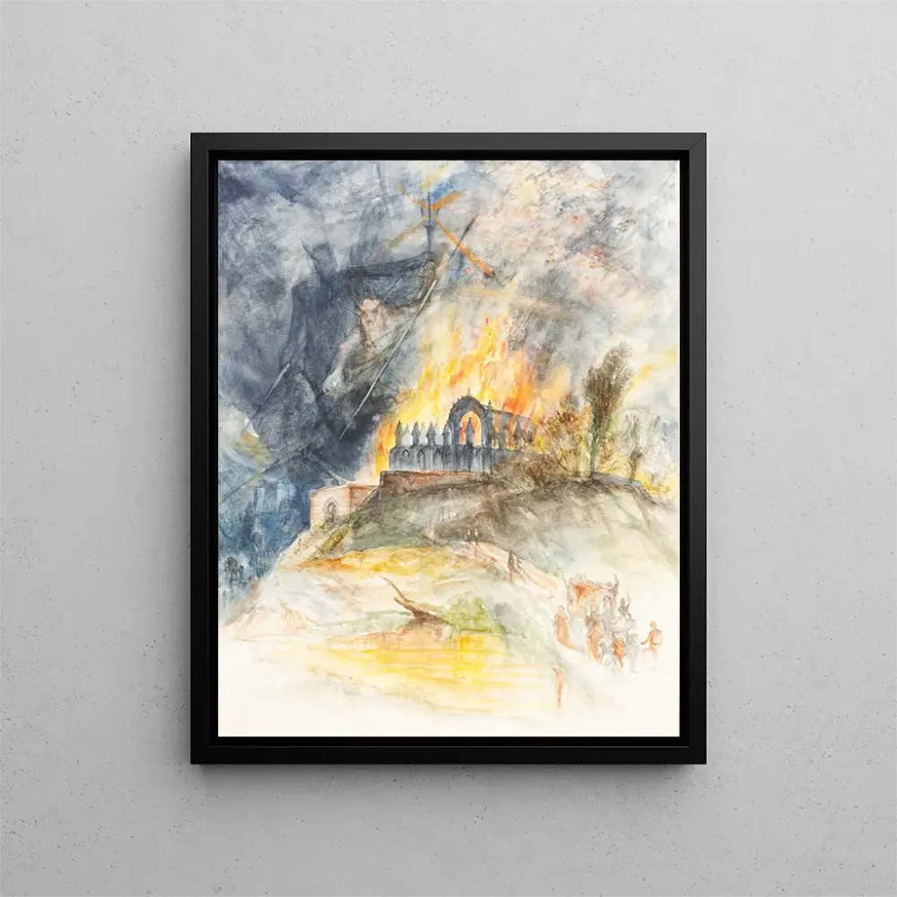 Kunstdruck eines kirchlichen Gebäudes Flammen mit Dämonen darüber - Arthur Frederick Payne | Reproduktion