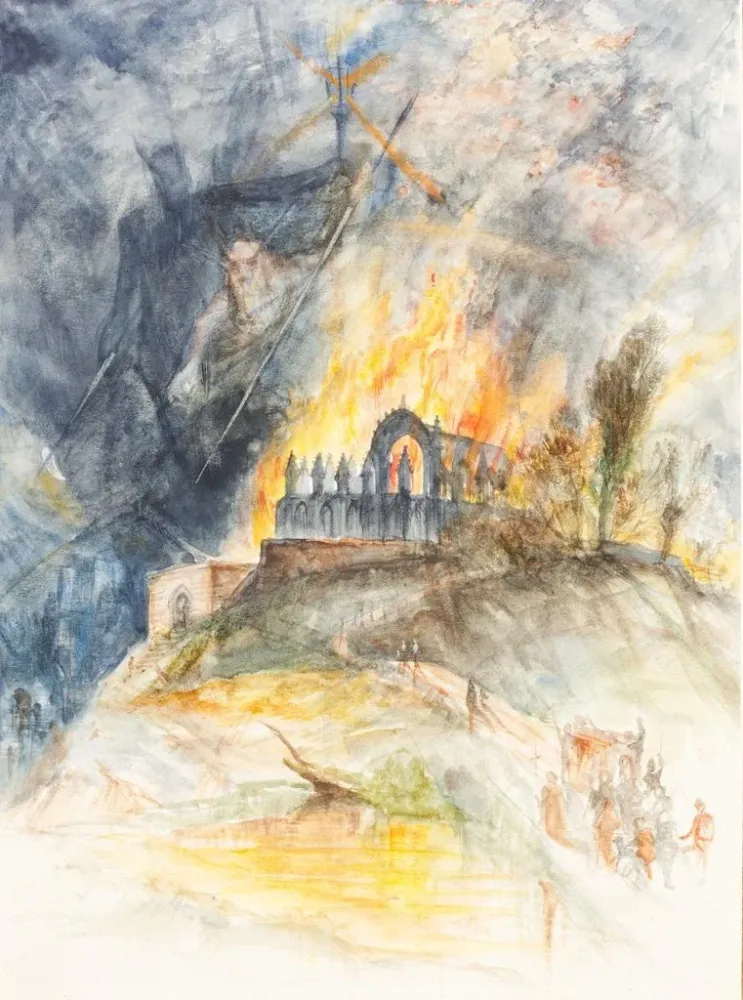 Kunstdruck eines kirchlichen Gebäudes Flammen mit Dämonen darüber - Arthur Frederick Payne | Reproduktion