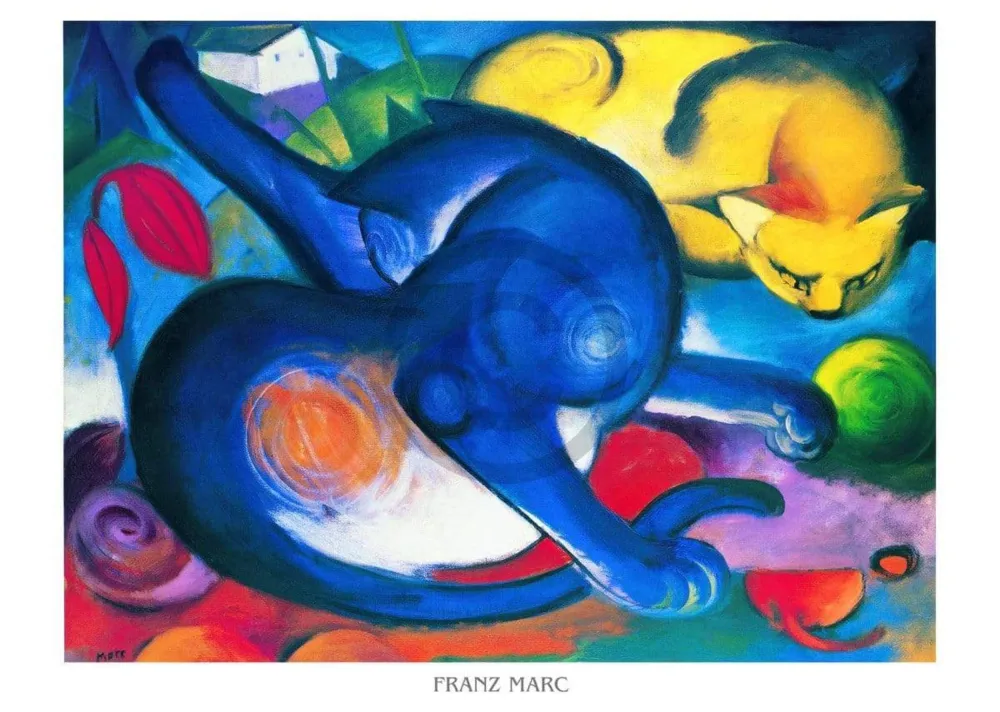 Kunstdruck Franz Marc - Zwei Katzen blau und gelb 70x50cm