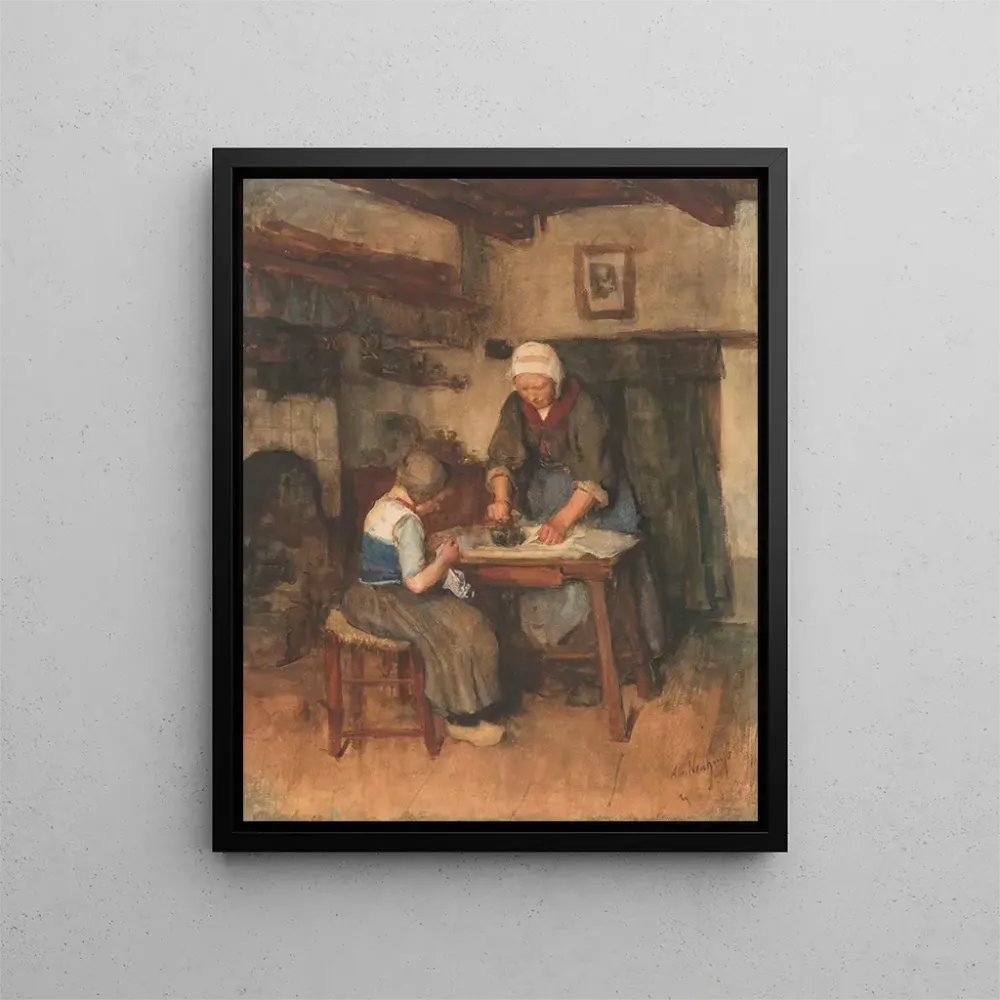 Kunstdruck Innenansicht mit einer Frau beim Bügeln und einem Kind beim Nähen - Albert Neuhuys | Kunstdruck
