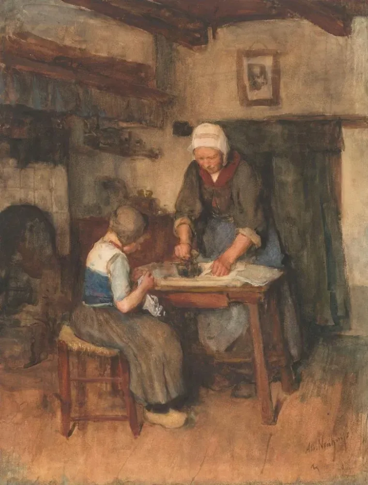 Kunstdruck Innenansicht mit einer Frau beim Bügeln und einem Kind beim Nähen - Albert Neuhuys | Kunstdruck
