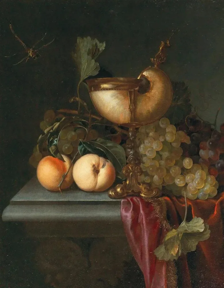 Kunstdruck Natur stillleben mit einer Nautilus-Schale, Trauben und Pfirsichen - Abraham de Lust | Reproduktion