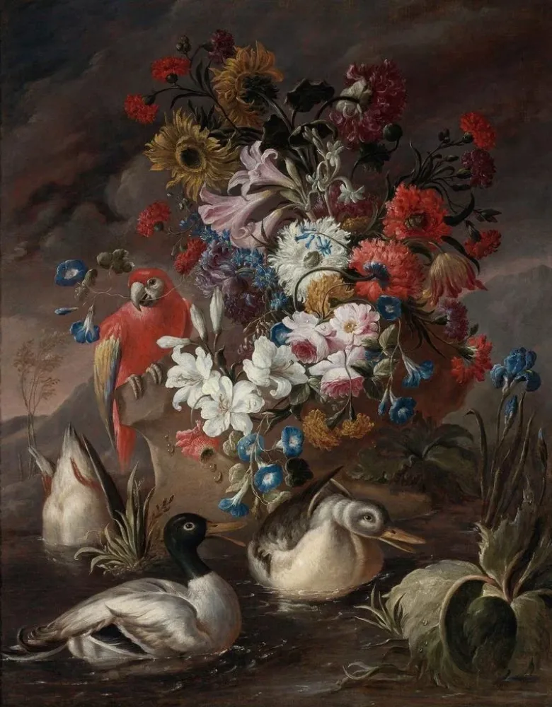 Kunstdruck Naturmorte mit einem Papagei und Enten - Andrea Belvedere | Kunstdruck
