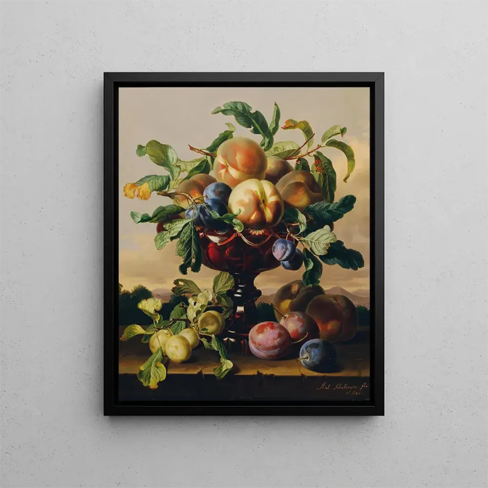Kunstdruck Stillleben mit Pfirsichen und Pflaumen einer roten Glasschale - Anton Hartinger | Kunstdruck