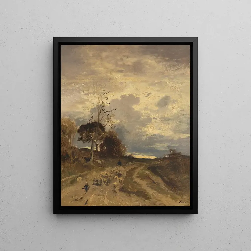 Landschaftsbild des Abends im Herbst mit einer Herde Schafe, die zurückkehrt - Adolf Heinrich Lier | Kunstdruck