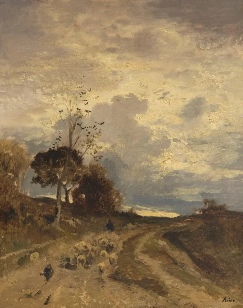 Landschaftsbild des Abends im Herbst mit einer Herde Schafe, die zurückkehrt - Adolf Heinrich Lier | Kunstdruck