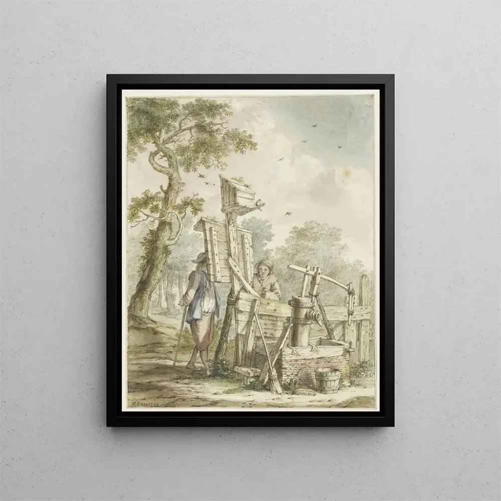 Landschaftsgemälde mit zwei Männern neben einem Anschlagbrett einer Wasserpumpe - Bartholomeus Barbiers | Kunstdruck