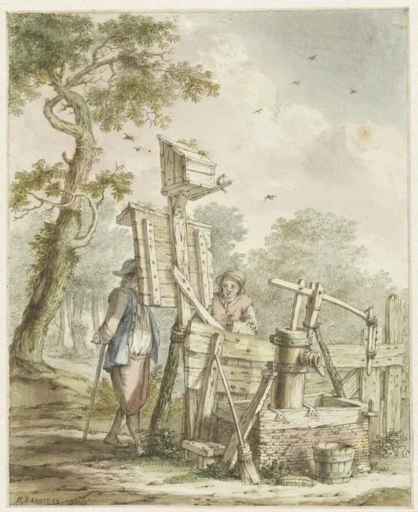 Landschaftsgemälde mit zwei Männern neben einem Anschlagbrett einer Wasserpumpe - Bartholomeus Barbiers | Kunstdruck