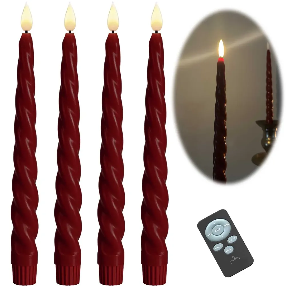 LED 3D Stabkerzen Ribe 4´er Set Rot gedreht 26cm Timer Fernbedienung flackernde Kerze