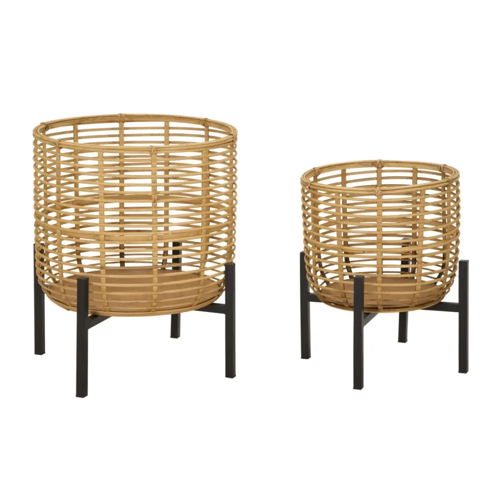 Paar runde Vasenhalter aus Rattan und schwarzem Metall Mauro Ferretti