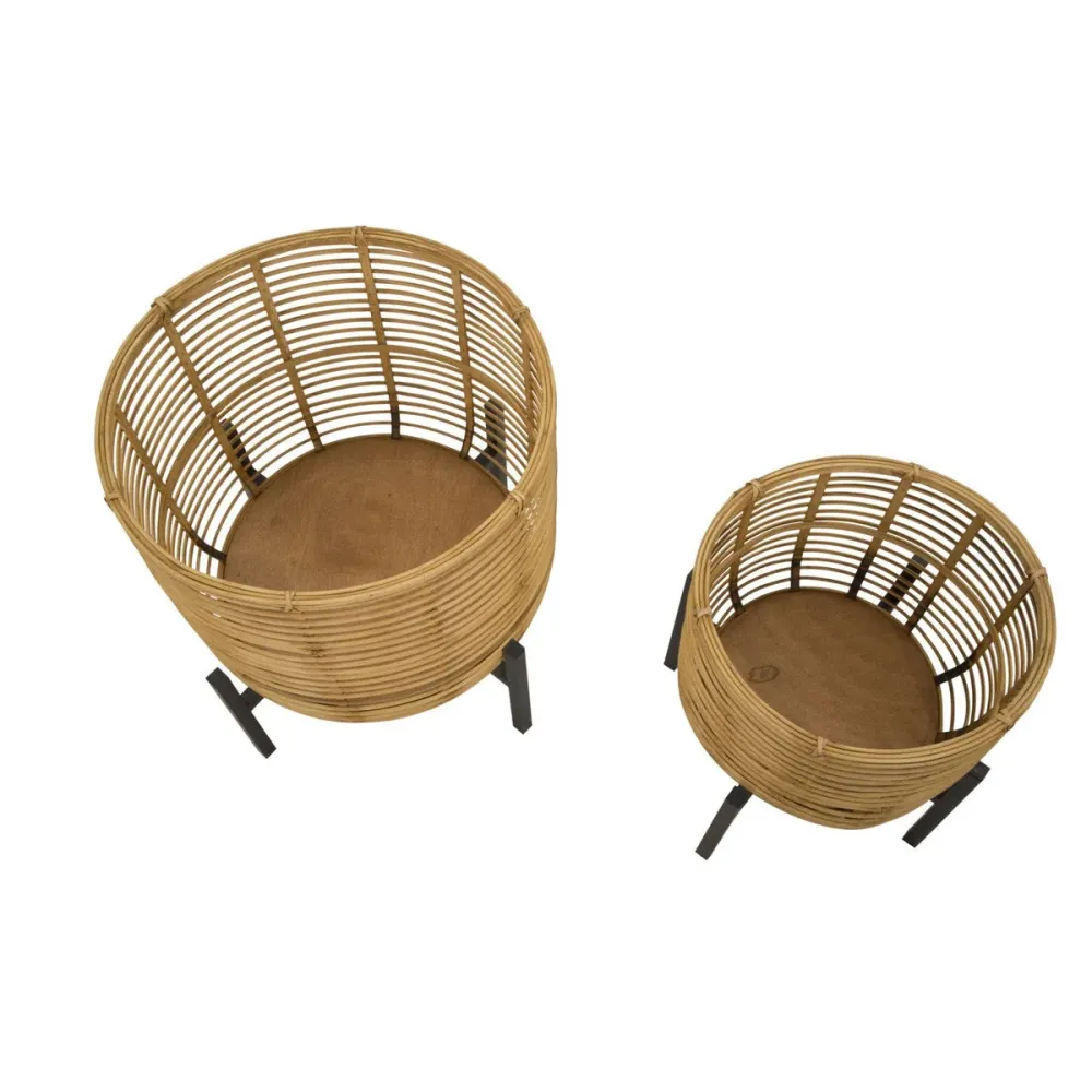 Paar runde Vasenhalter aus Rattan und schwarzem Metall Mauro Ferretti