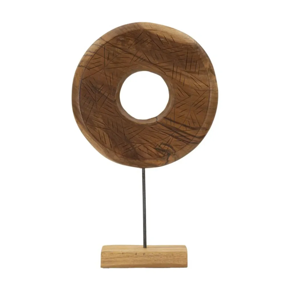 Runde Teakholzskulptur mit eingelegten unregelmäßigen Motiven Mauro Ferretti