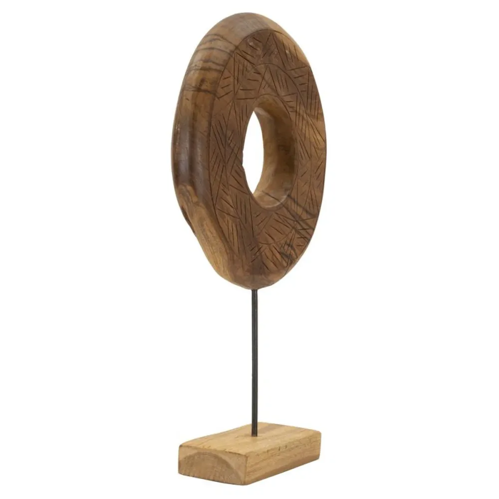 Runde Teakholzskulptur mit eingelegten unregelmäßigen Motiven Mauro Ferretti