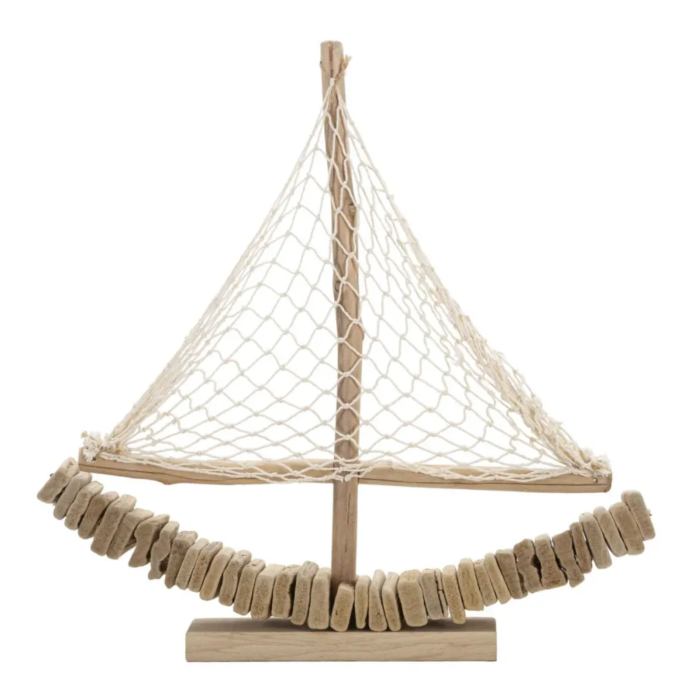 Segelbootskulptur aus Holz mit Stoffnetzsegel Mauro Ferretti