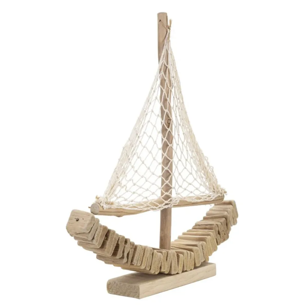 Segelbootskulptur aus Holz mit Stoffnetzsegel Mauro Ferretti