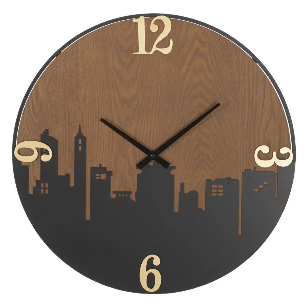Skyline Runde Wanduhr aus Metall und Holz – Minimalistisches urbanes Design Mauro Ferretti