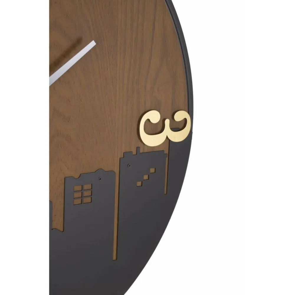 Skyline Runde Wanduhr aus Metall und Holz – Minimalistisches urbanes Design Mauro Ferretti