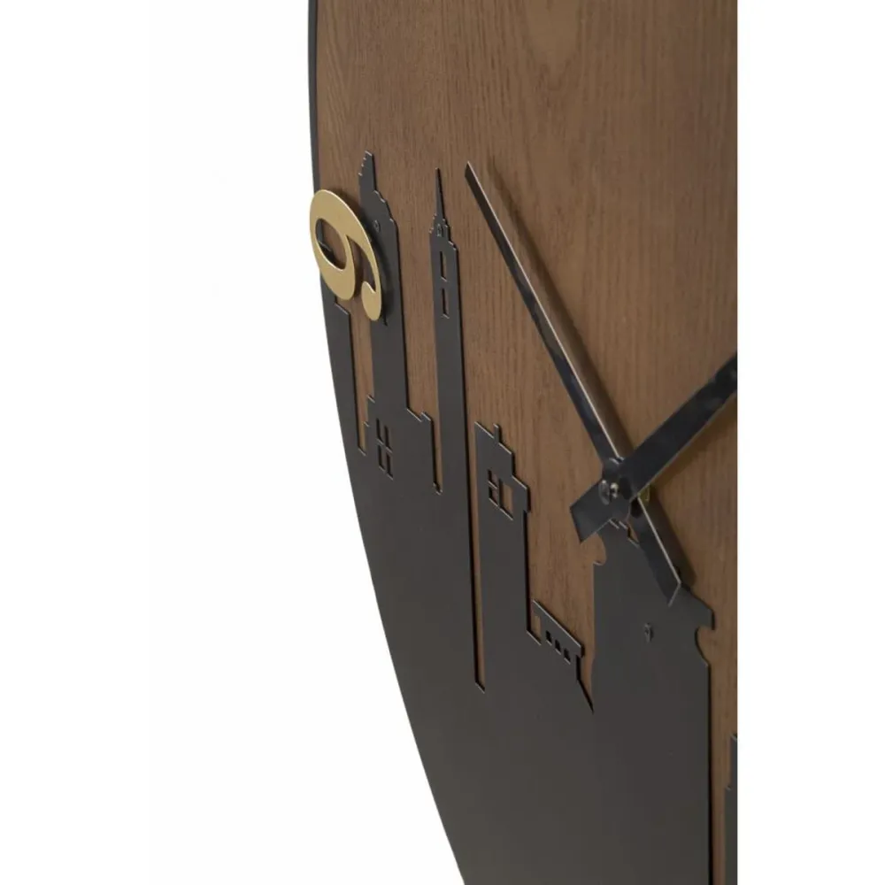 Skyline Runde Wanduhr aus Metall und Holz – Minimalistisches urbanes Design Mauro Ferretti