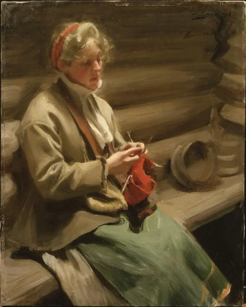 Mädchen aus Dalarna, die Kohl strickt - Anders Zorn | Kunstdruck