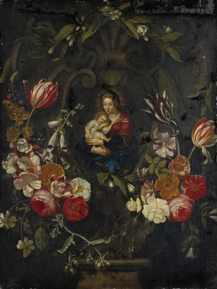 Naturstillleben mit Blumen-Cartouche umgeben eine Jungfrau mit Kind - Anonym | Kunstdruck