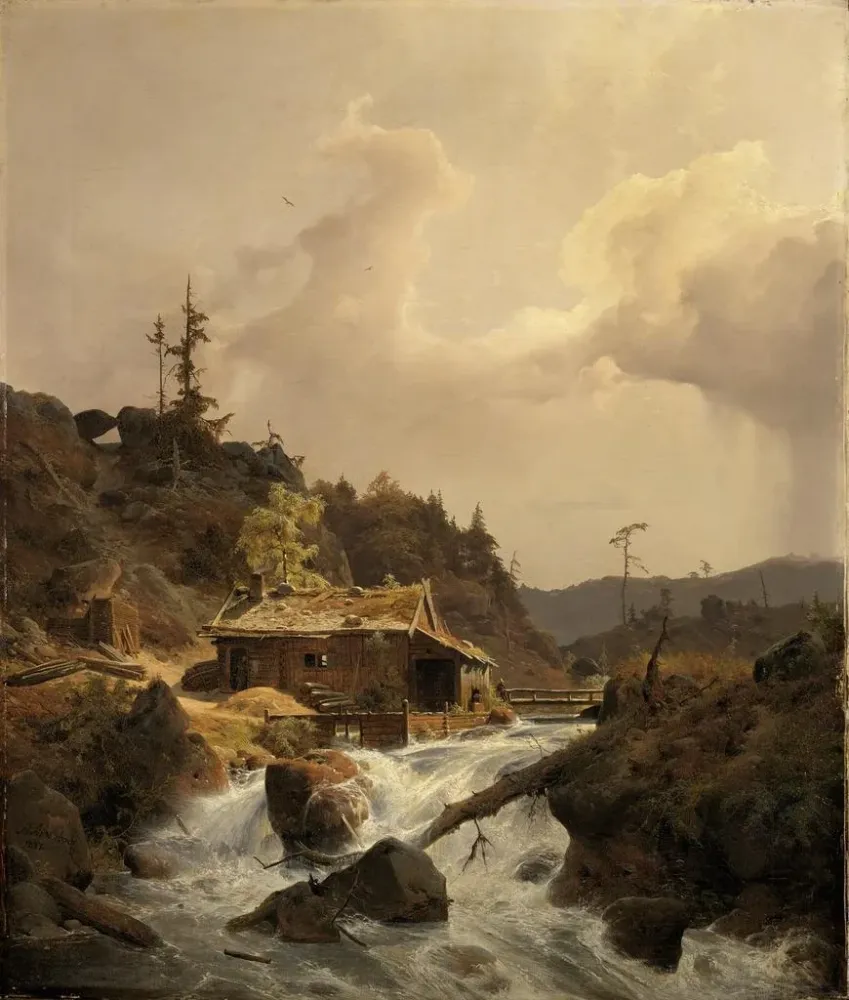 Norwegisches Landschaftsgemälde mit Mühle - Andreas Achenbach | Kunstdruck