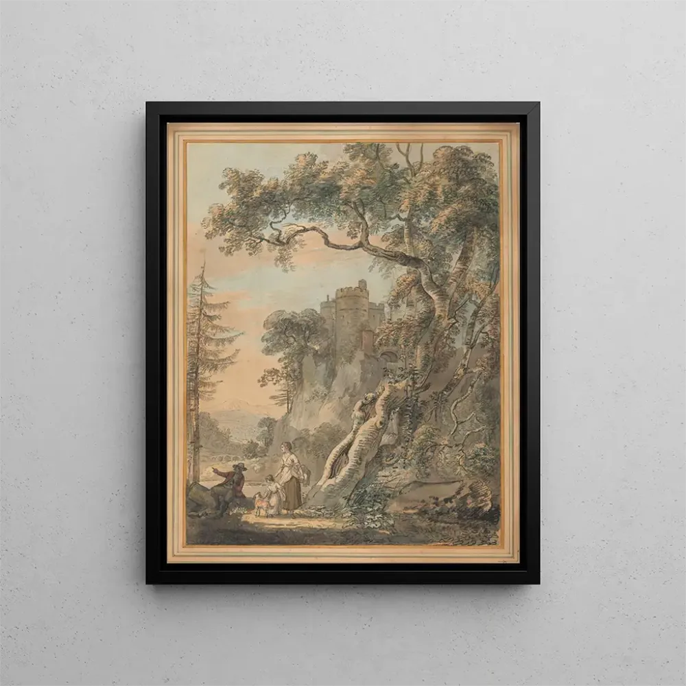 Romantisches Landschaftsgemälde, Bauern am Fuße einer Burg auf einem Felsen - Paul Sandby | Kunstdruck