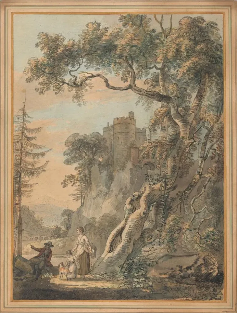 Romantisches Landschaftsgemälde, Bauern am Fuße einer Burg auf einem Felsen - Paul Sandby | Kunstdruck