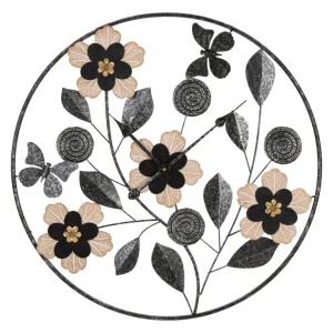 Schwarze Metall- und Holz-Wanduhr mit Blumenmuster