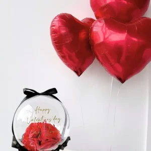 Valentinstag Flowerbox-Set Rote Rosen mit Herzballons - heliumgefüllt