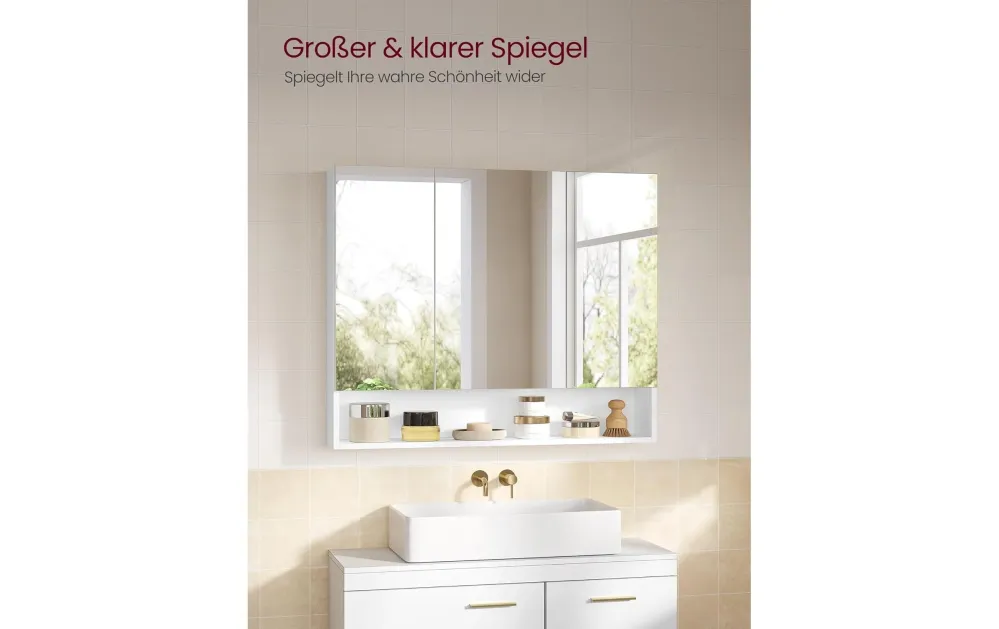 Vasagle Spiegelschrank – 90×16,5×75 cm, Spanholzplatte/Glas, Wandmontiert, Weiss