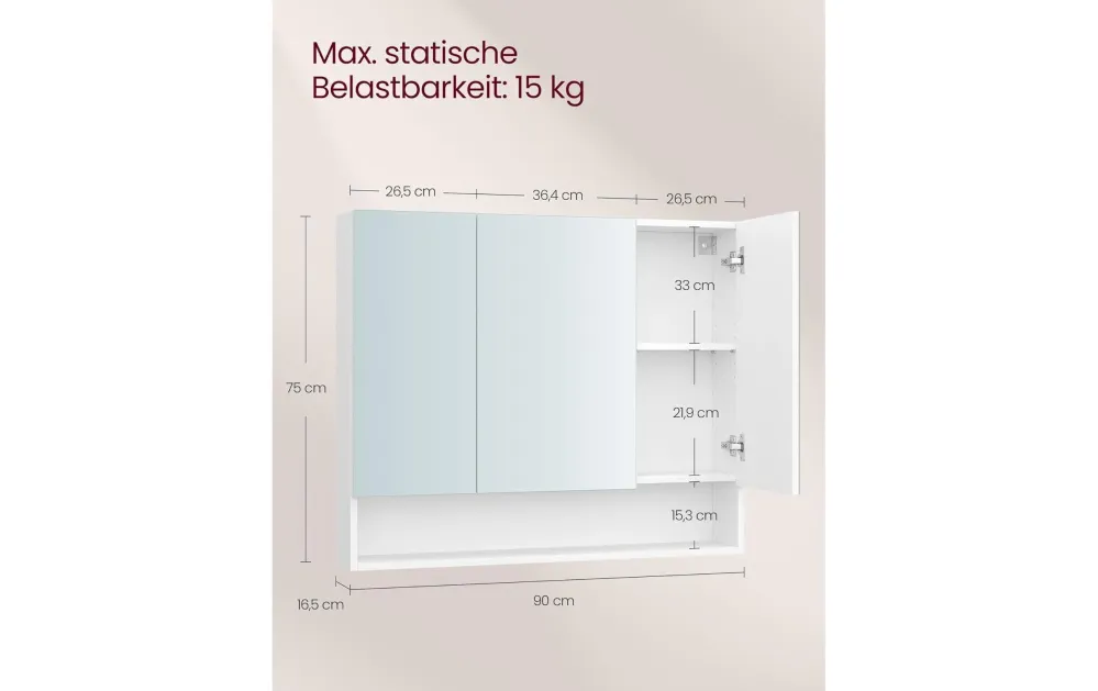 Vasagle Spiegelschrank – 90×16,5×75 cm, Spanholzplatte/Glas, Wandmontiert, Weiss