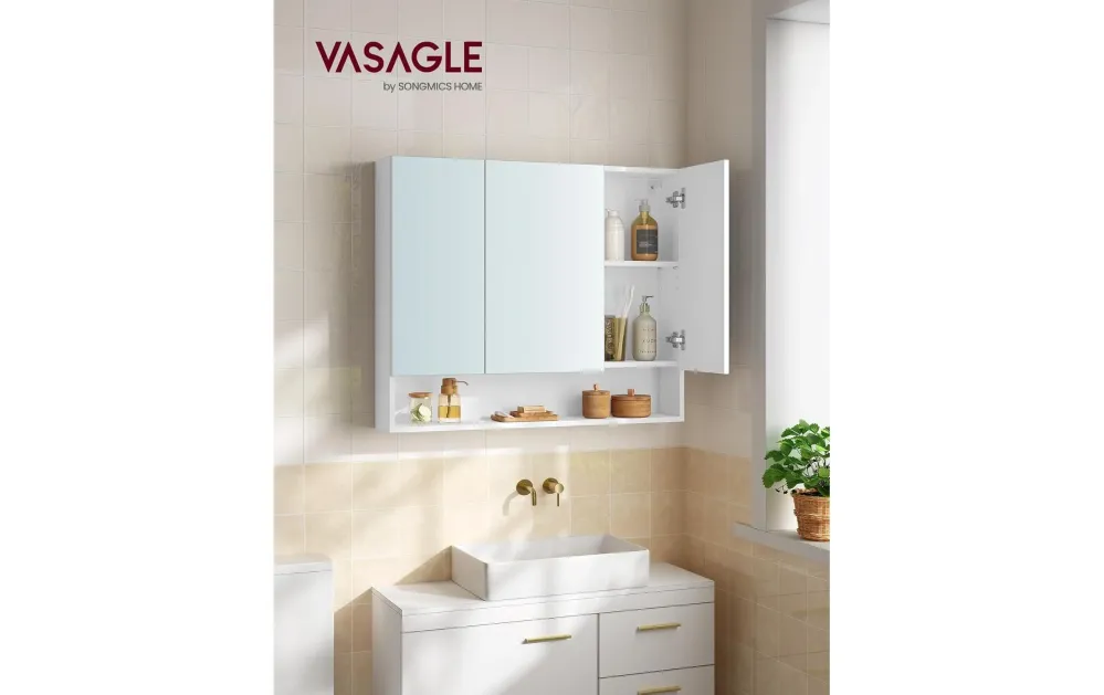 Vasagle Spiegelschrank – 90×16,5×75 cm, Spanholzplatte/Glas, Wandmontiert, Weiss