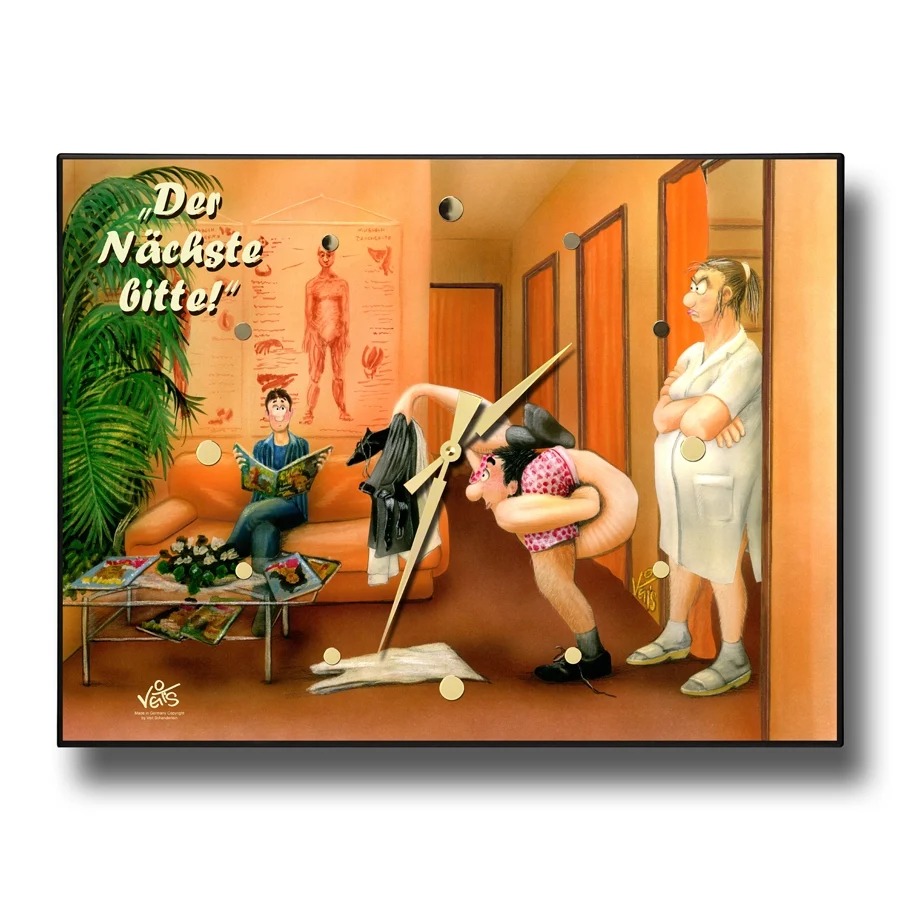 Veit`S Gute Laune Wanduhr exklusiv, Küchenuhr, Lustige Uhr, Physiotherapie, Manuelle Therapie, BILDTEXT: "Der Nächste bitte!"