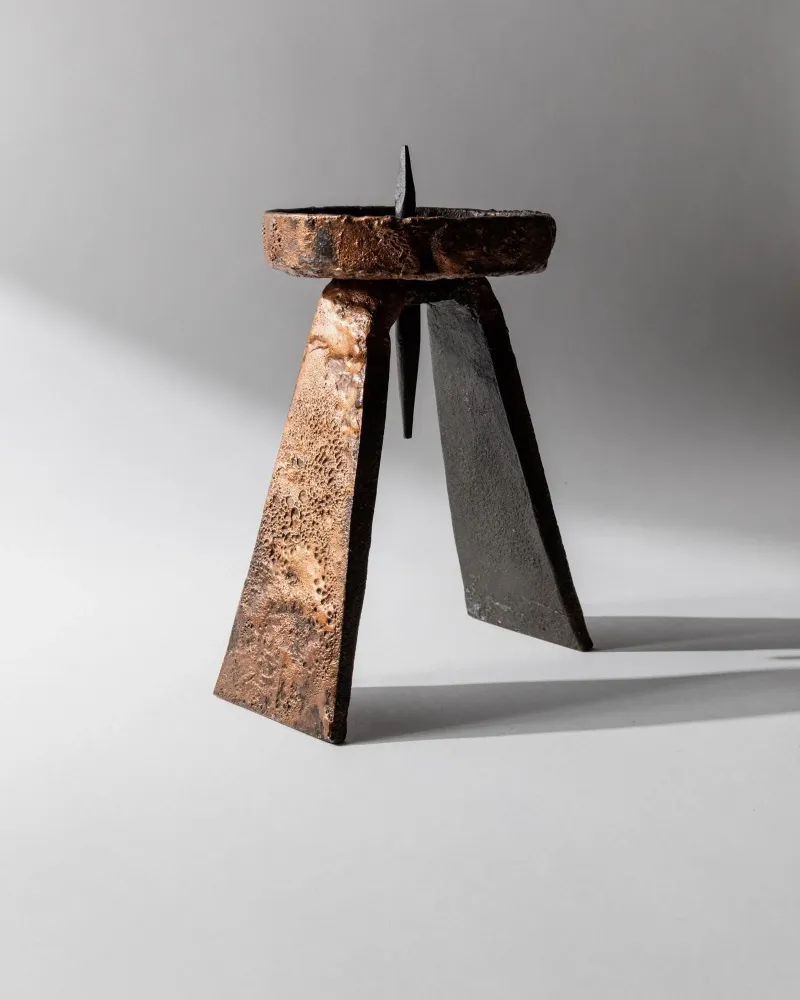 Vintage Kerzenhalter handgeschmiedet brutalist Kupferstruktur skulptural Tischdeko 1960er