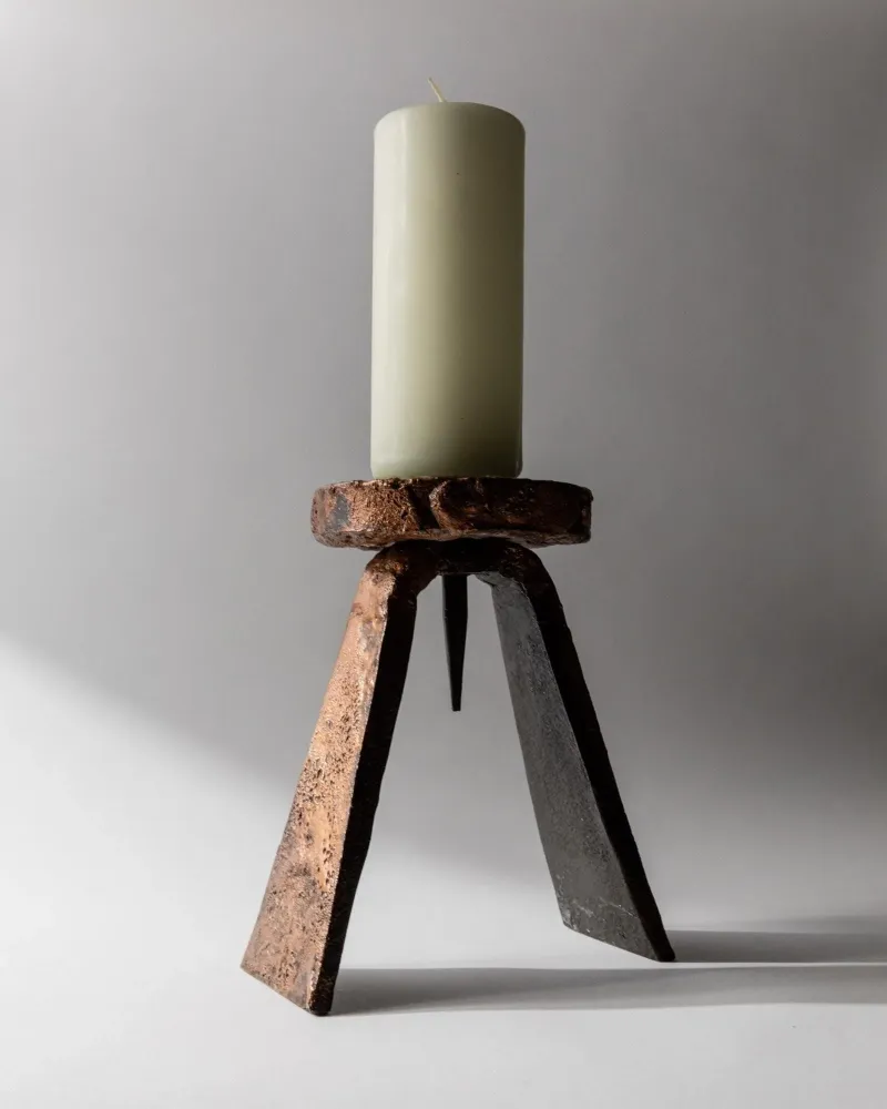 Vintage Kerzenhalter handgeschmiedet brutalist Kupferstruktur skulptural Tischdeko 1960er