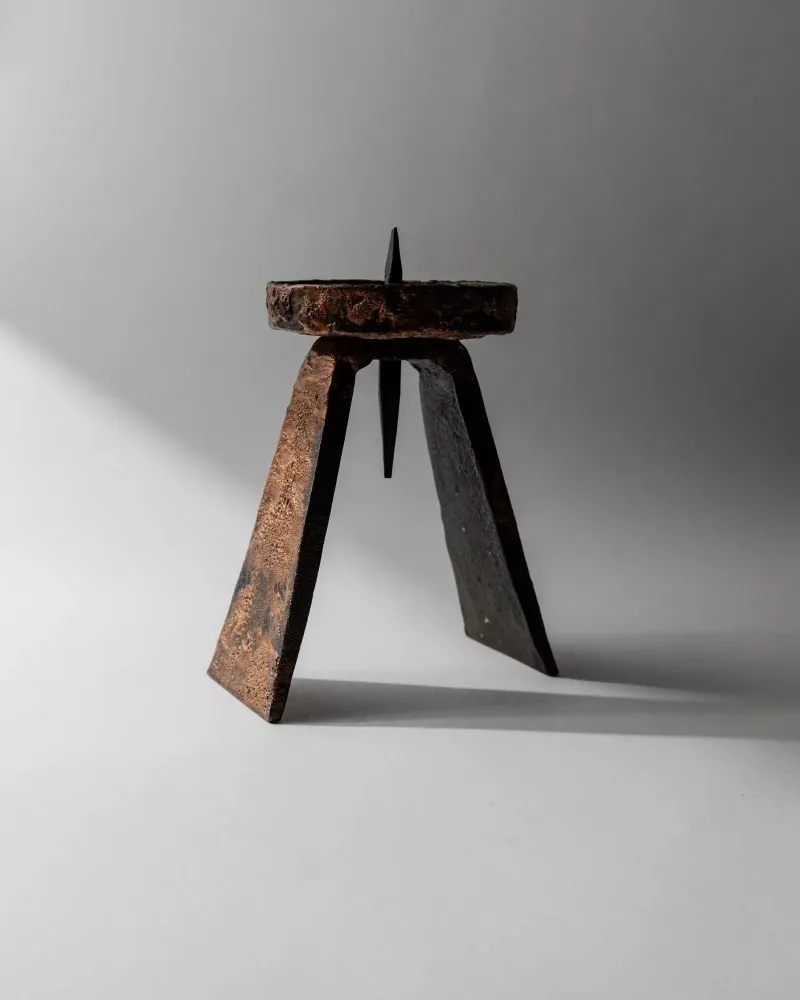 Vintage Kerzenhalter handgeschmiedet brutalist Kupferstruktur skulptural Tischdeko 1960er