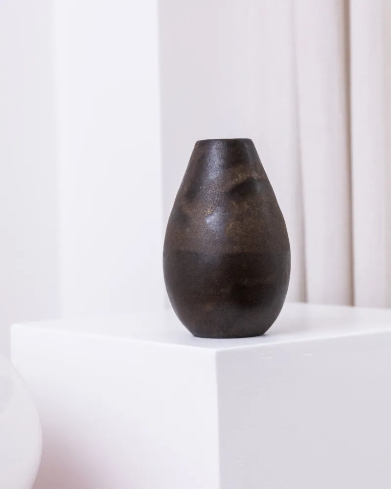 Vintage Studio Keramik Vase von Elisabeth Dunker dunkelbraun organische Form