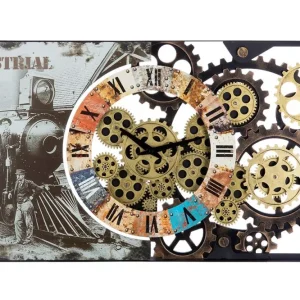 Vintage trifft auf Industrie: Die Gilde Metall Wanduhr mit beweglichen Zahnrädern und Zugabbildung