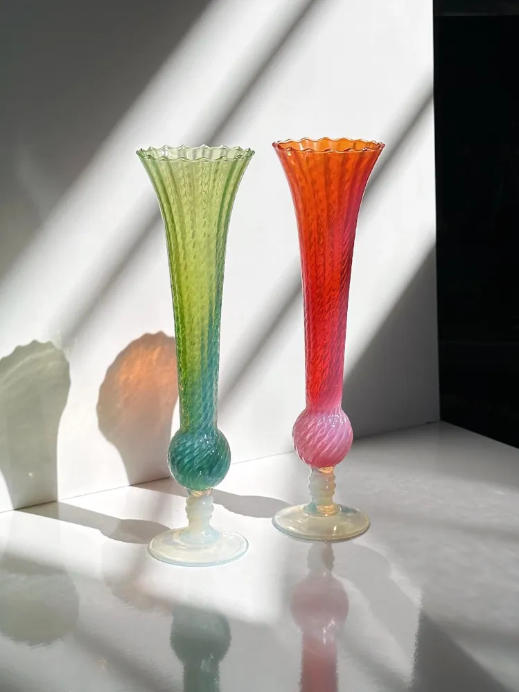Vintage Vase Opalglas Rosa Grün Swirl Italien Paar
