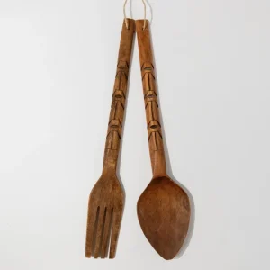 Vintage Wanddeko Set von 2 Holzbesteck Löffel und Gabel Italien 1960er