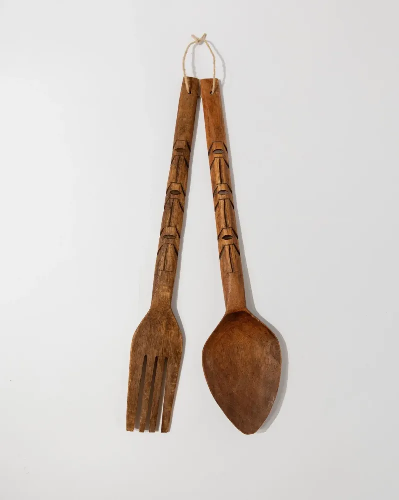 Vintage Wanddeko Set von 2 Holzbesteck Löffel und Gabel Italien 1960er