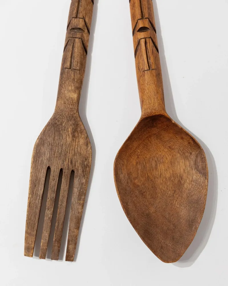 Vintage Wanddeko Set von 2 Holzbesteck Löffel und Gabel Italien 1960er