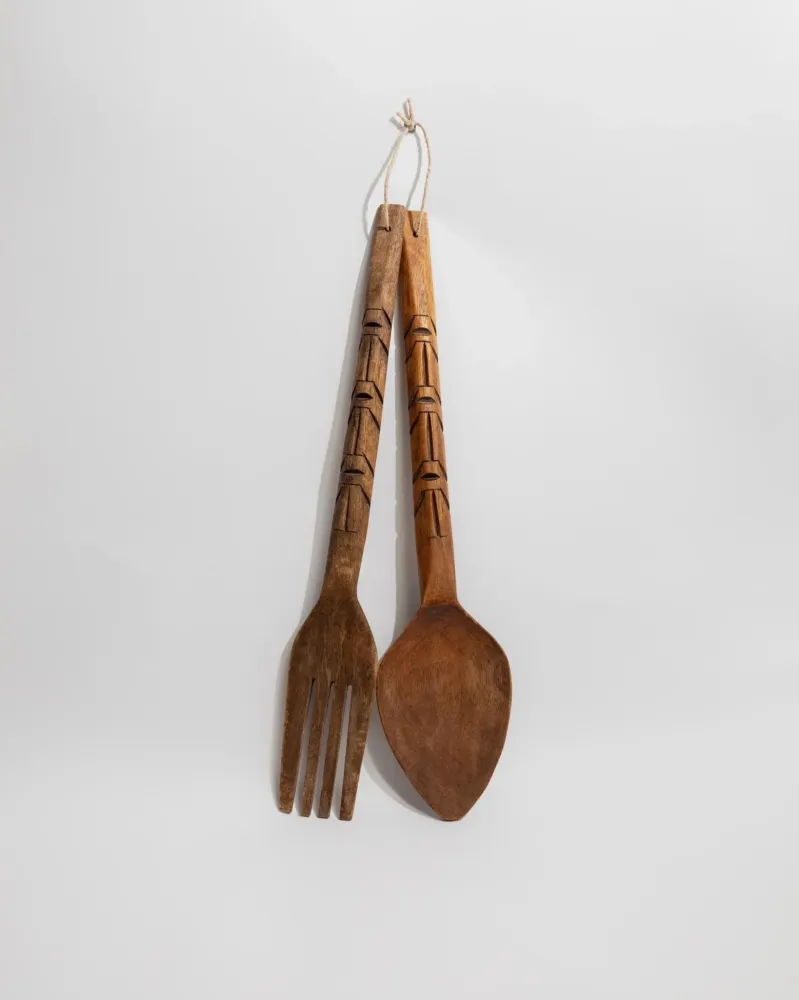 Vintage Wanddeko Set von 2 Holzbesteck Löffel und Gabel Italien 1960er