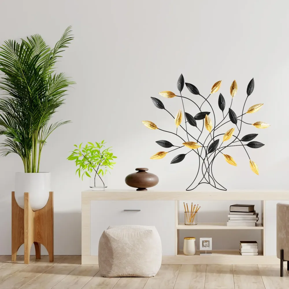 Wanddeko Baum mit Blättern schwarz Gold - zum Aufhängen - aus Metall
