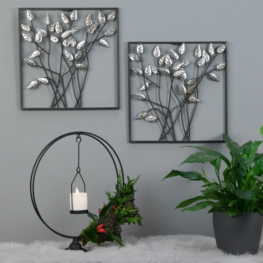 WANDDEKO BLÄTTER 30x30Metall Wandbild antik-silber
