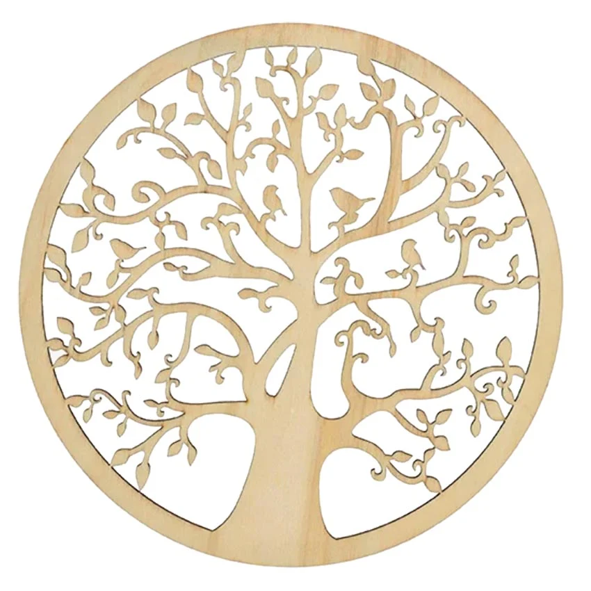 Wanddeko Holz rund mit Baum Motiv und kleinen Vögelchen 20cm hell braun