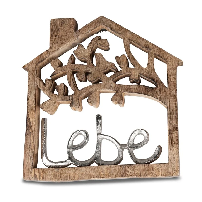 Wanddeko Metall Holz "Lebe" Schriftzug im Haus 28cm