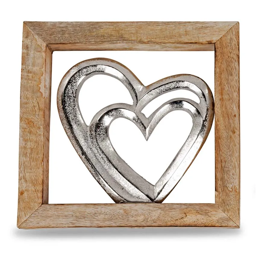 Wanddeko Metall Holz silberne Herzen im Holzrahmen 20x20cm